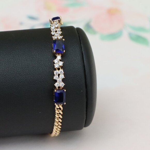 Rose Gold Chain Bracelet with Blue Emerald Cut & CZ, Luxe Contrast Look,XPBL0746 - Picture 7 of 12
